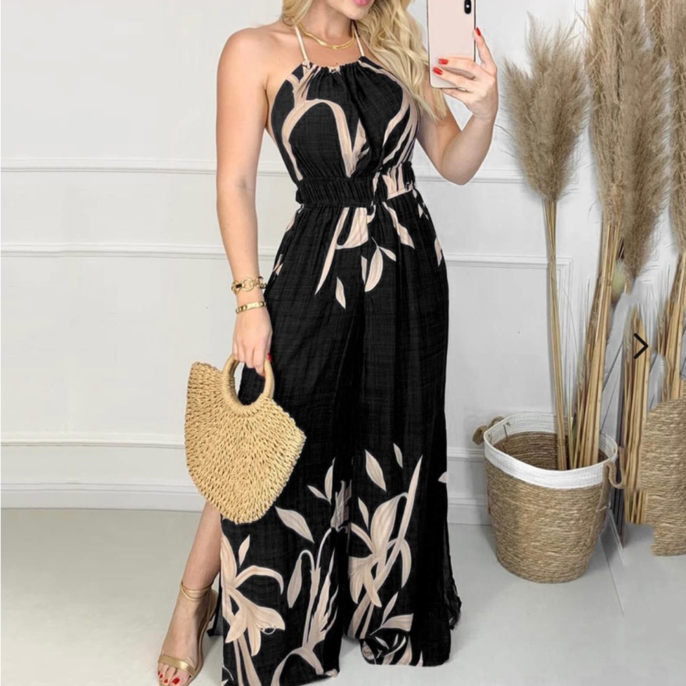 Boho Sleeveless Halter Backless Split Jumpsuit - image 1